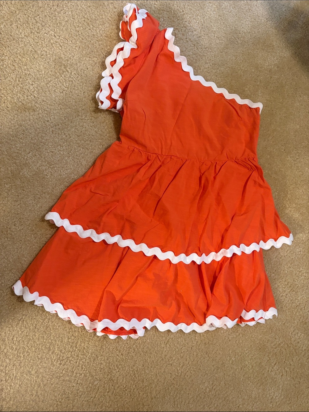One-Shoulder Orange Ruffle Dress with White Trim